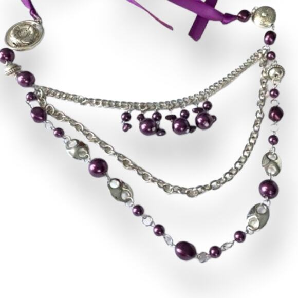 Purple & silver tone ribbon statement necklace - Picture 1 of 4